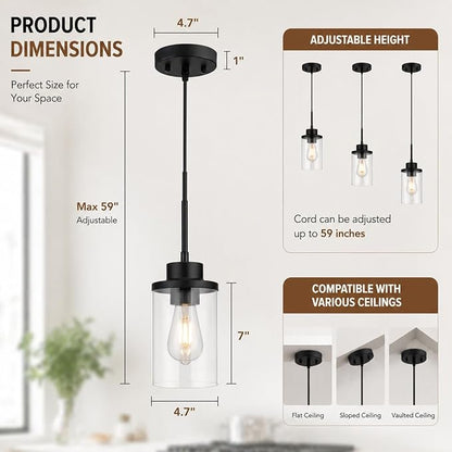 Modern Black Farmhouse Clear Glass Cylinder Pendant Light Fixture, Single Hanging Pendant Lighting for Kitchen Island, Dining Room, Foyer & Hallway(2 Packs)