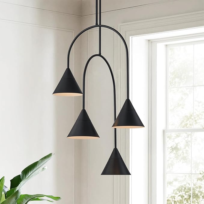 LamQee Matte Black Industrial Pendant Light Fixture, 4 Lights Large Cluster Pendant Lighting with Cone Metal Shade, Farmhouse Hanging Chandelier for Dining Room Kitchen Island Bar Entryway Staircase