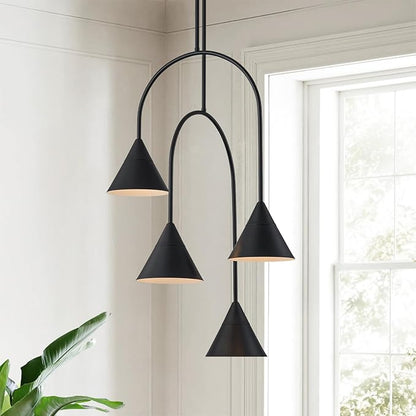 LamQee Matte Black Industrial Pendant Light Fixture, 4 Lights Large Cluster Pendant Lighting with Cone Metal Shade, Farmhouse Hanging Chandelier for Dining Room Kitchen Island Bar Entryway Staircase