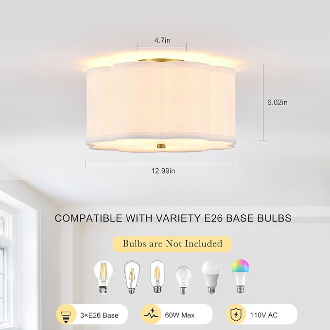 12.99“ Semi Flush Mount Ceiling Light Fixture Modern 3-Lights Gold Drum Ceiling Lighting Vintage Linen Ceiling Lamp for Laundry Room, Kitchen, Basement, Dining Room, Bedroom