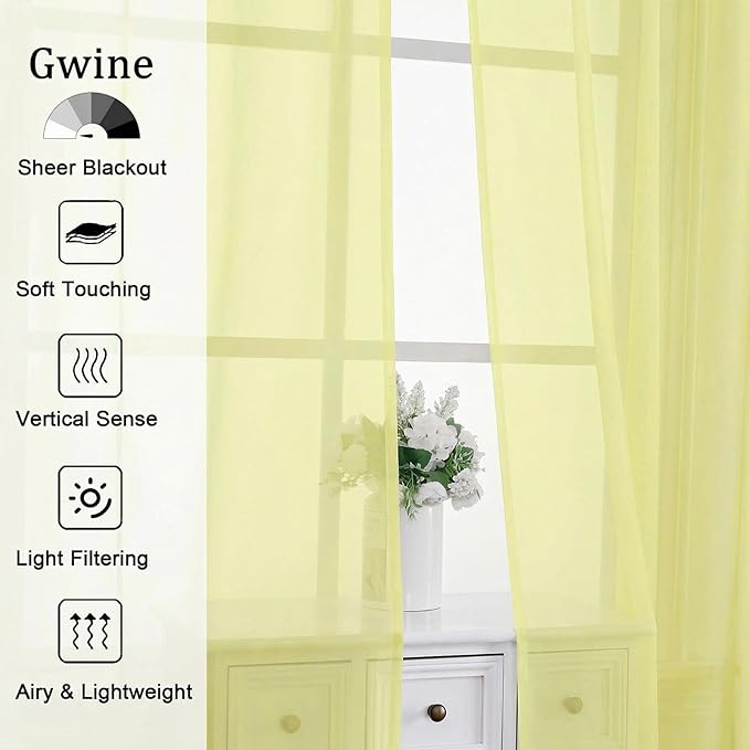 Gwine Short Kitchen Sheer Curtains 36 Inch Length - Light Filtering Voile Small Half Window Curtain for Basement, Rod Pocket Cafe Curtains for Bathroom Cabinet, 42Wx36L Inch, 2 Panels, Lemon
