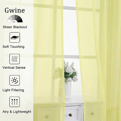 Gwine Short Kitchen Sheer Curtains 36 Inch Length - Light Filtering Voile Small Half Window Curtain for Basement, Rod Pocket Cafe Curtains for Bathroom Cabinet, 42Wx36L Inch, 2 Panels, Lemon