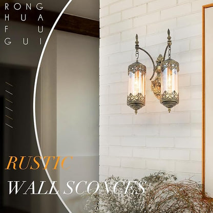 Rustic Wall Sconce with Amber Glass Vintage Antique Gothic Wall Light Fixture Retro Mid Centry Lantern Wall Sconce for Bedroom, Living Room, Mirror, Brush Gold