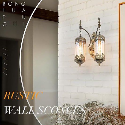 Rustic Wall Sconce with Amber Glass Vintage Antique Gothic Wall Light Fixture Retro Mid Centry Lantern Wall Sconce for Bedroom, Living Room, Mirror, Brush Gold