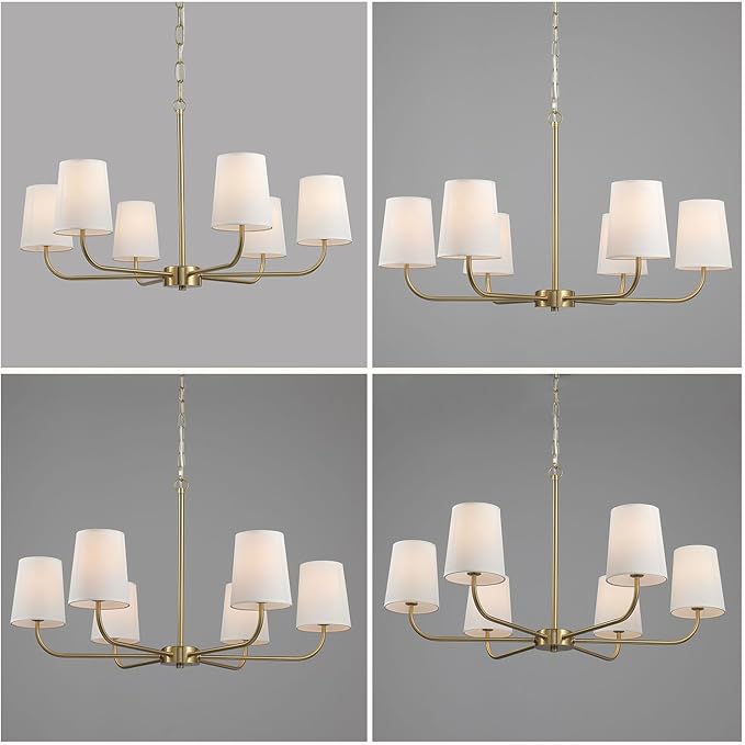 6-Light Brushed Gold Pendant Chandelier with White Linen Shades, E12 Base - Farmhouse & Industrial Style for Kitchen, Living Room, Dining Room, or Bedroom Lighting