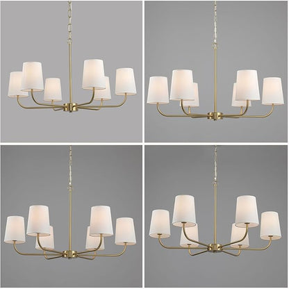 6-Light Brushed Gold Pendant Chandelier with White Linen Shades, E12 Base - Farmhouse & Industrial Style for Kitchen, Living Room, Dining Room, or Bedroom Lighting