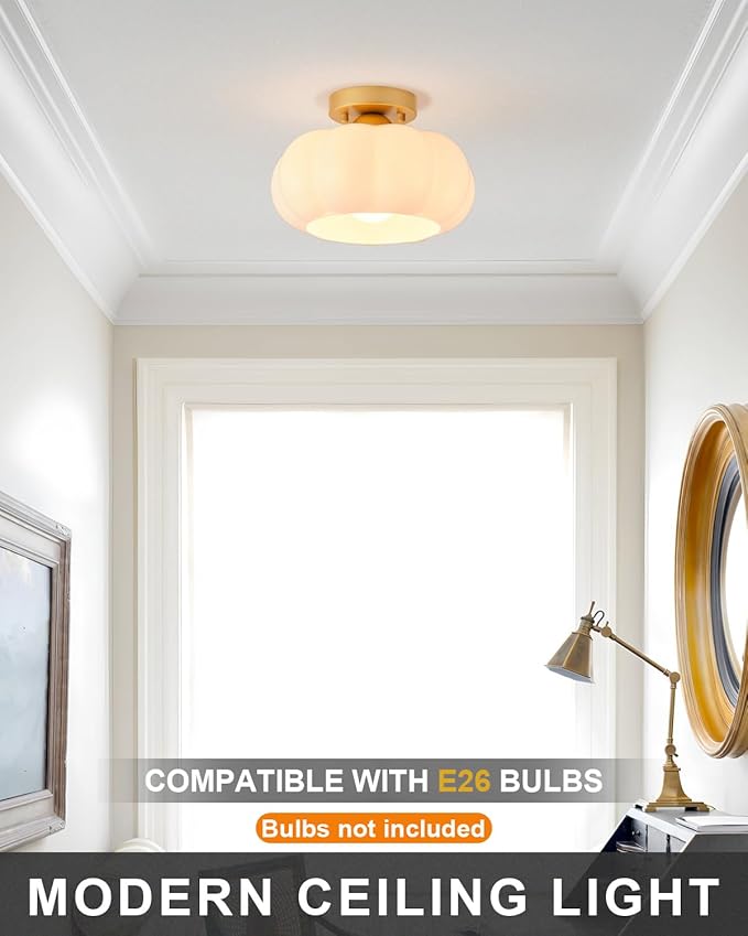 Vintage Semi Flush Mount Ceiling Light,Mid Century Modern Ceiling Lights,10 Inch Milk White Glass Shade with a Gold Base,for Bedroom,Kitchen,Hallway,Entryway