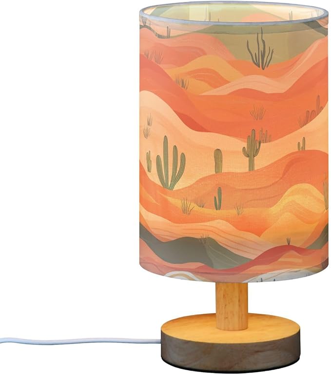Bedside Table Lamp Western Desert Cacti Nightstand Lamp with Wood Desk Lamps for Bedroom Living Room Nursery Office Home Decor