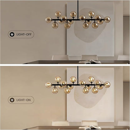 Mid Century Modern Chandeliers for Dining Room, 39" Linear Pendant Light Fixtures with Amber Glass Globe, 16-Light Sputnik Hanging Light for Living Room Kitchen Island