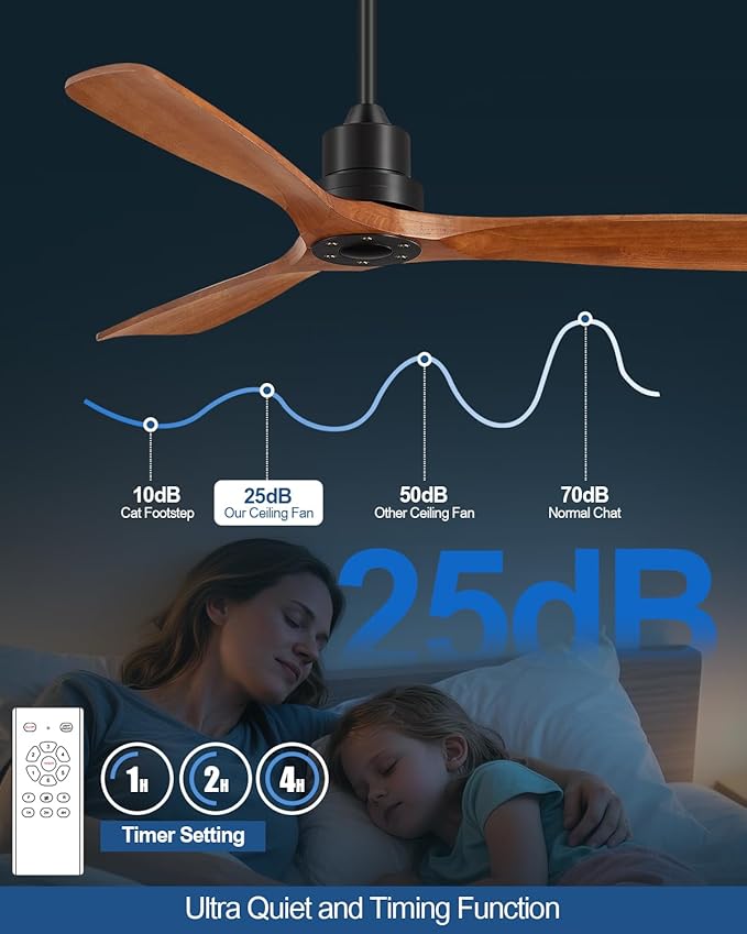 Ceiling Fans With Remote Control, Outdoor Ceiling Fan for Patios Indoor, 3 Downrods, 3 Blades, Timer, 6 Speed Reversible Quiet DC Motor Modern Fan Solid Wood Fan, 52in, Brown