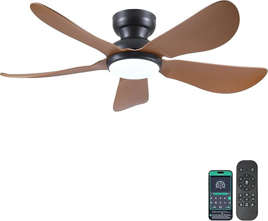 Kviflon 46 Inch Modern Ceiling Fans with Lights, Flush Mount Ceiling Fan, Remote/APP Control, 5 Reversible Curved Blades, 6 Speeds, 3 CCT Dimmable LED Lights for Bedroom Kids Room, Brown