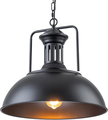 Industrial Dome Pendant Light Fixture, Farmhouse Barn Hanging Ceiling Lighting for Kitchen Island, Dining Room, Matte Black Metal