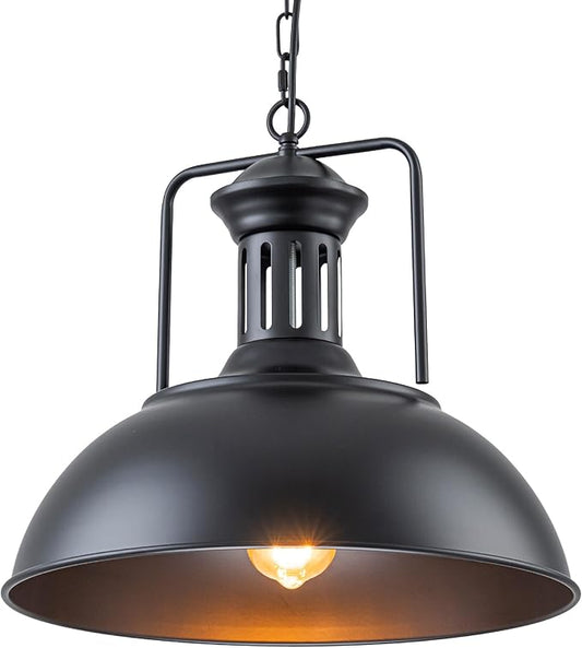 Industrial Dome Pendant Light Fixture, Farmhouse Barn Hanging Ceiling Lighting for Kitchen Island, Dining Room, Matte Black Metal