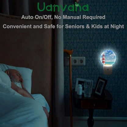 Lighthouse Seabirds Night Lights Plug into Wall Ocean Beach Seagull Blue Sunny Sky Clouds LED Dusk to Dawn Plug-in Nightlight Auto Sensor for Bedroom Bathroom Hallway Living Room