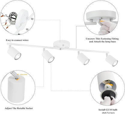 BoostArea LED 4 Light Track Lighting Kit, White 4 Way Ceiling Spot Lighting, Flexibly Rotatable Light Head for Kitchen, Living Room, Bedroom, Bulb Not Included