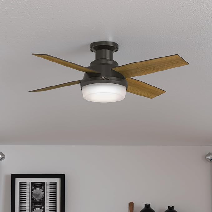 Hunter 44 inch Indoor Ceiling Fan with LED Light and Remote Control - Bronze Modern Ceiling Fan, Low Profile Mount, 4 Blades, For Bedroom, Living Room, or Kitchen, Quiet - Dempsey 59445, Noble Bronze