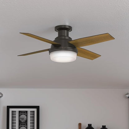 Hunter 44 inch Indoor Ceiling Fan with LED Light and Remote Control - Bronze Modern Ceiling Fan, Low Profile Mount, 4 Blades, For Bedroom, Living Room, or Kitchen, Quiet - Dempsey 59445, Noble Bronze