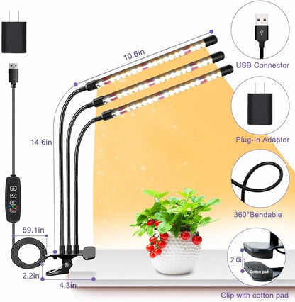 SDOVUERC 3head Plant Lights, 2Pack Grow Lights for Seed Starting, Full Spectrum Growing Lamps with Clip for Indoor Plants, Auto ON & Off Timer 3/9/12H, 3 Switch Modes, 10-Level Dimmable Brightness