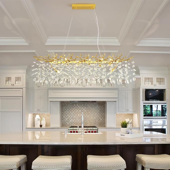 Modern Crystal Tree Branches Chandelier, 47.5in Gold 14 Lights Large Ceiling Hanging Light for Dining Room, Rectangle Raindrop Pendant Light Fixture
