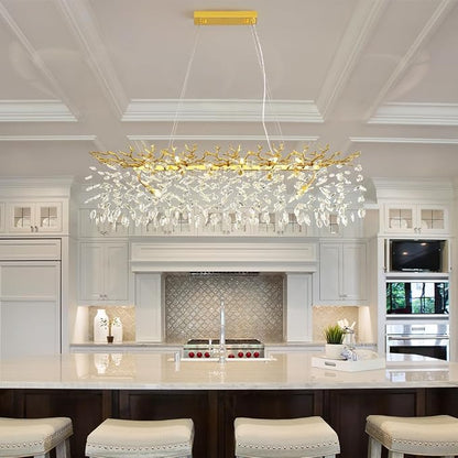 Modern Crystal Tree Branches Chandelier, 47.5in Gold 14 Lights Large Ceiling Hanging Light for Dining Room, Rectangle Raindrop Pendant Light Fixture