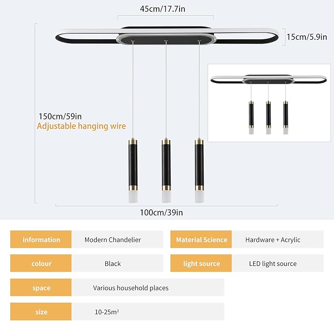 Jaycomey Modern LED Chandelier, Dimmable LED Ceiling Chandelier with Remote Control, 3-Light Acrylic Pendant Light for Dining Room, Kitchen Island, Living Room, 62W Black