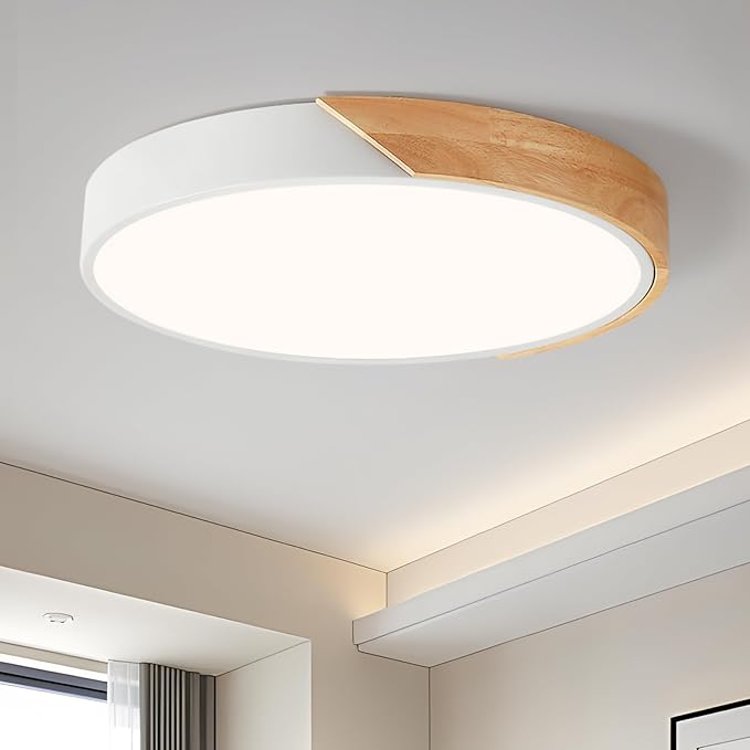 Modern LED Ceiling Light, Minimalist Wood Flush Mount Ceiling Light Fixture, 4000K Not Dimmable, Circle Lighting Lamp with Acrylic Lampshade for Bedroom Dining Room Laundry (White, 15.8'')