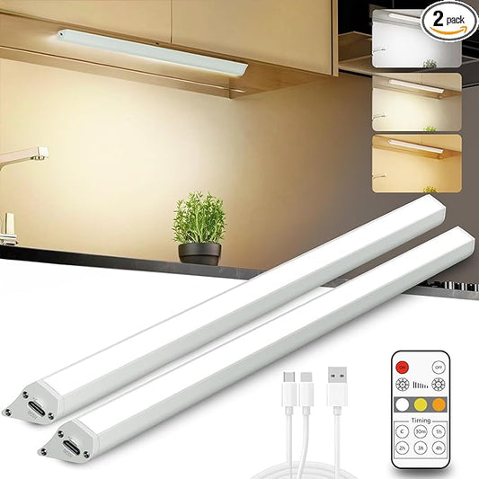 LED Under Cabinet Lighting Wireless, 2400mAh Rechargeable Cabinet Light, Battery Operated, Display Cabinet Lights, Stick on, 3-Color Shelf Lights, dimmable, with Remote Control(White, 2-Pack 12.2inch)