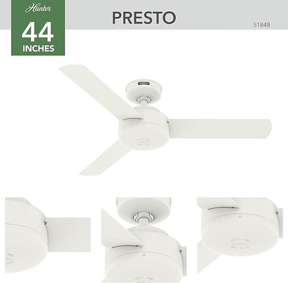 Hunter 44 inch Indoor Ceiling Fan No Light - White Modern Ceiling Fan without Light, 3 Blades, Standard Mount, For Bedroom, Living Room, or Kitchen, Wall Control - Presto 51848, Matte White