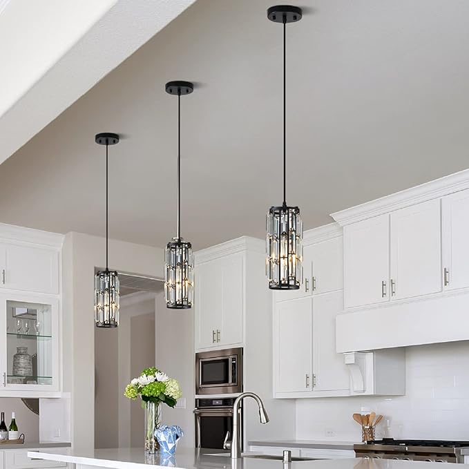 Black Pendant Lighting Modern Pendant Lighti，Pendant Lights Kitchen Island Crystal Pendant Light Fixture，Mini Crystal Chandeliers for Kitchen, Dining Room and Bedroom (3 Pack)