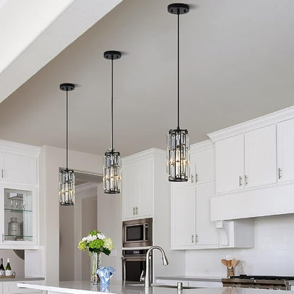 Black Pendant Lighting Modern Pendant Lighti，Pendant Lights Kitchen Island Crystal Pendant Light Fixture，Mini Crystal Chandeliers for Kitchen, Dining Room and Bedroom (3 Pack)