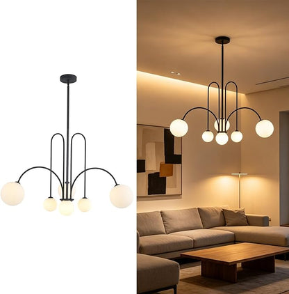 Mid Century Modern Chandelier 6-Light Milk Glass Chandelier Black Sputnik Chandelier Light Fixture Frosted White Globe Chandelier Nordic Chandeliers for Dining Room Living Room