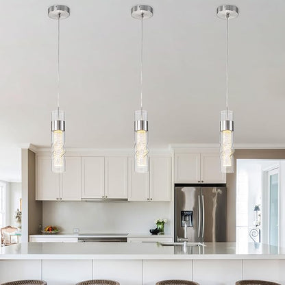 WILON Pendant Lights Kitchen Island, 9W Modern Kitchen Island Lights Brushed Nickel, Ceiling Lighting Fixtures with Crystal Bubble, Integrated LED Hanging Light for Dining Room Restaurant(1 Pack)