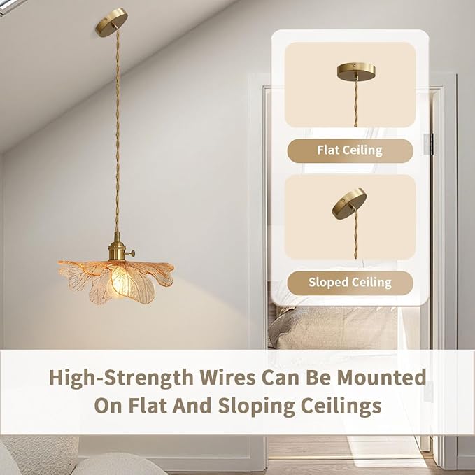 Amber Glass Pendant Lights for Dining Table Mid Century Flower Pendant Lamp with Blown Shade Vintage Gold Brass Adjustable Hanging Light for Kitchen Cabinets Bedroom entryway