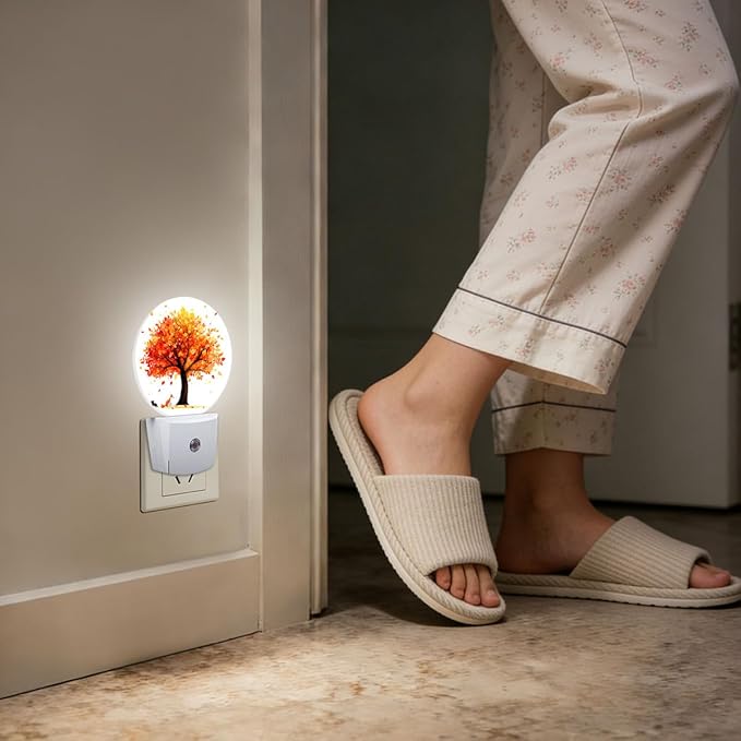 Autumn Tree Fall Plug in Night Light Auto Light Round Lamps Energy Saving Gift for Women Men Friends