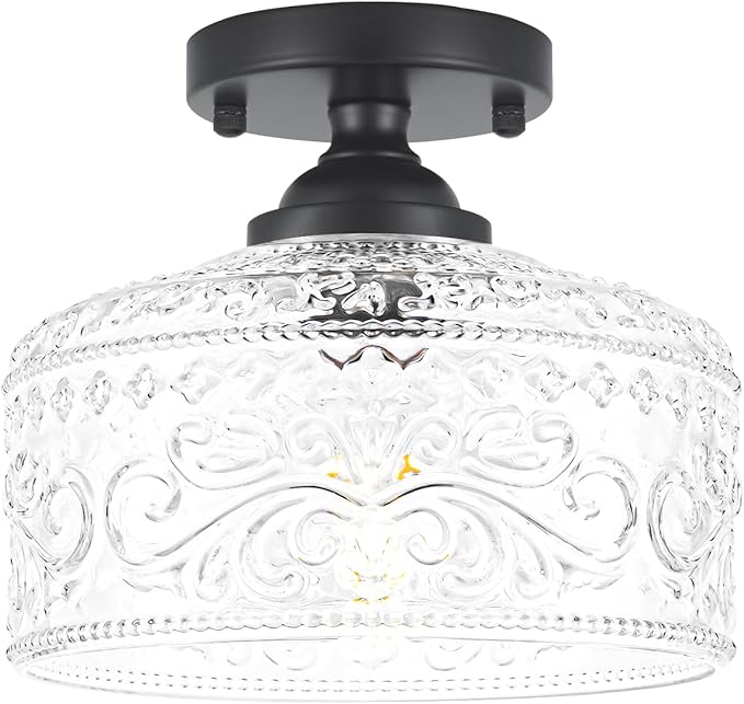 Daunton Small Semi Flush Mount Ceiling Light Fixture, Vintage Matte Black Close to Ceiling Lighting with Etched Glass Shade for Hallway, Kitchen, Entryway (Retro Design, Easy Install)