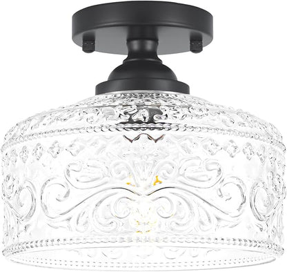 Daunton Small Semi Flush Mount Ceiling Light Fixture, Vintage Matte Black Close to Ceiling Lighting with Etched Glass Shade for Hallway, Kitchen, Entryway (Retro Design, Easy Install)