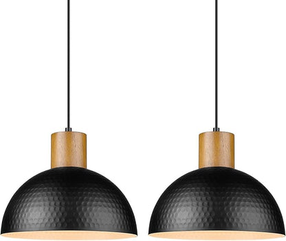 ELYONA 2 Pack Hammered Pendant Lights, 12" Industrial Metal Dome Hanging Lamp, Solid Wood Pendant Light Fixtures for Kitchen Island, Bar, Farmhouse, Dining Room, Bedroom, Hallway, Black