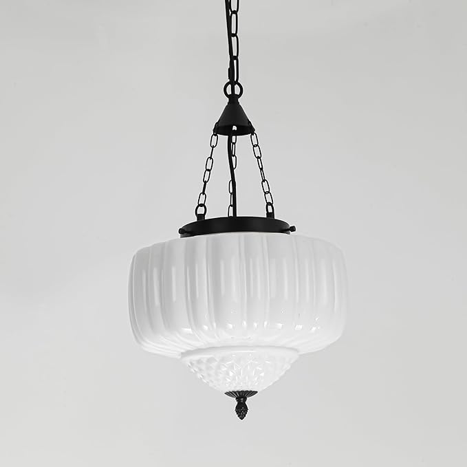 FCTWAKS Milk Glass Pendant Light, 12" Mid Century Modern Schoolhouse Ceiling Light Fixtures, Black Finish with Frosted Glass, Vintage Chandelier for Kitchen Island Dining Room, Bulb Included