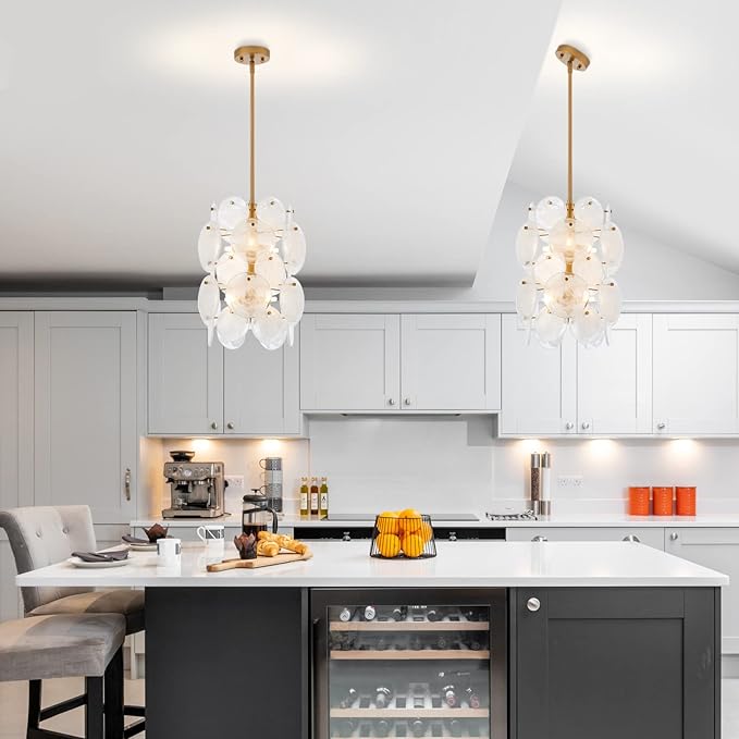 Modern Glass Chandelier for Dining Room, Gold Entryway Chandelier, 6-Light Unique Pendant Light Fixture for Bedroom Hallway Stairway Kitchen