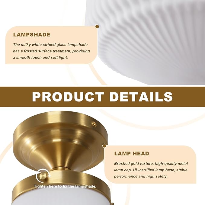 White Glass Semi Flush Mount Ceiling Light, Mid Century Modern Gold Ceiling Lamp Farmhouse Close to Ceiling Light Fixture for Bedroom Kitchen Entryway Hallway