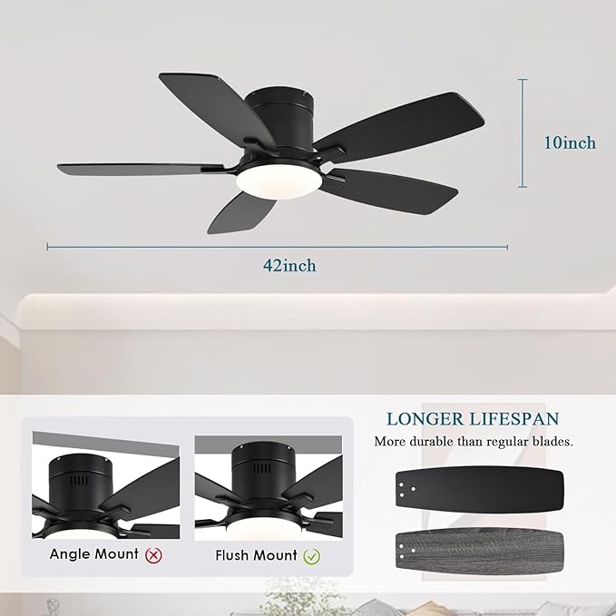 Ayaoty Ceiling Fans with Lights, 42 inch Low Profile Ceiling Fan with Light and Remote Control, Flush Mount, Reversible Motor, Dimmable, Noiseless, Black Ceiling Fan for Bedroom, Indoor/Outdoor Use