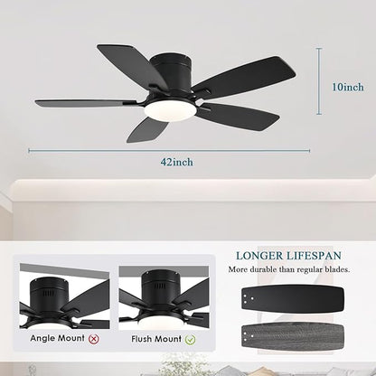 Ayaoty Ceiling Fans with Lights, 42 inch Low Profile Ceiling Fan with Light and Remote Control, Flush Mount, Reversible Motor, Dimmable, Noiseless, Black Ceiling Fan for Bedroom, Indoor/Outdoor Use
