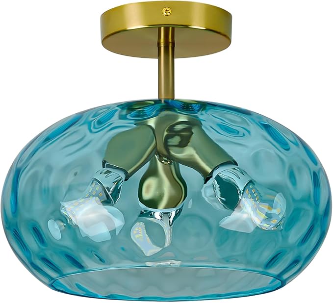 Luafac Blue Glass Semi Flush Mount Ceiling Light - 12 Inch Hammered Glass Hallway Light fixtures Ceiling, Vintage Gold Flush Mount Ceiling Light,Mid Century Light Fixture for Bedroom Entryway Kitchen