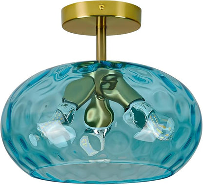 Luafac Blue Glass Semi Flush Mount Ceiling Light - 12 Inch Hammered Glass Hallway Light fixtures Ceiling, Vintage Gold Flush Mount Ceiling Light,Mid Century Light Fixture for Bedroom Entryway Kitchen