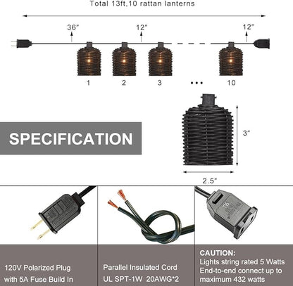 Natural Rattan String Lights, 10 Rustic Raffia Cage, 13 Ft Plug in & Connectable Wicker Lights,Black Rattan