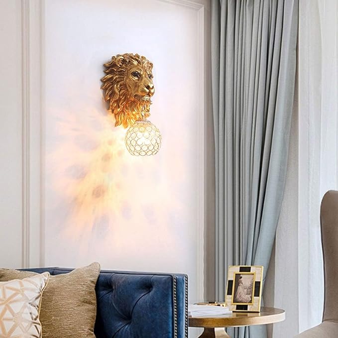 Gold Lion Head Wall Sconces Set of 2, Modern Luxury Crystal Globe Wall Lamp, Resin Animal Head Decorative Wall Mounted Light Fixtures for Living Room Bedroom Hallway Entryway