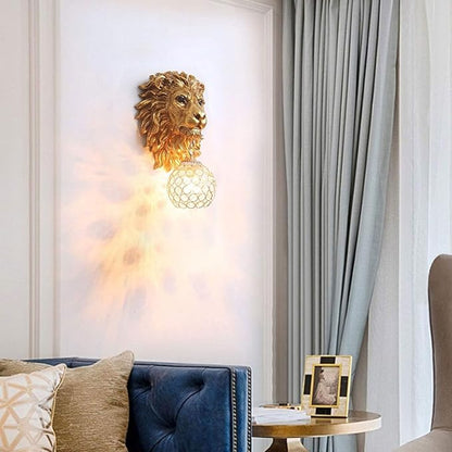 Gold Lion Head Wall Sconce Hardwired, Vintage Crystal Sconce Wall Lighting for Living Room Bedroom Hallway, Luxury Resin Sculpture Wall Lamp, E26 Base
