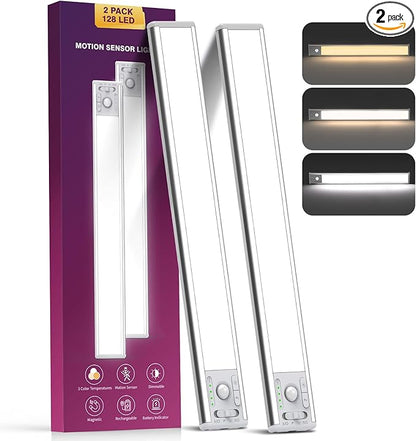 OTWKAY 14.5inch Under Cabinet Lighting with 3 Color Temps, 2 Pack Rechargeable Motion Sensor Lights Indoor, Dimmable Under Counter Lights for Kitchen, Closet