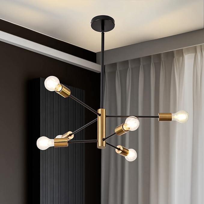 SineRise Modern Sputnik Chandelier Light Fixture, 6-Light Chandelier Ceiling Light Fixture Black and Gold Mid Century Chandelier Height Adjustable for Kitchen, Living Room, Bedroom, Hallway and Foyer