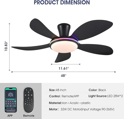 PHORUS 48" RGB Ceiling Fans with Lights and Remote/APP,Black Low Profile Ceiling Fans with Quiet Reversible DC Motor,Modern Flush Mount Fans Light for Bedroom Kids Room